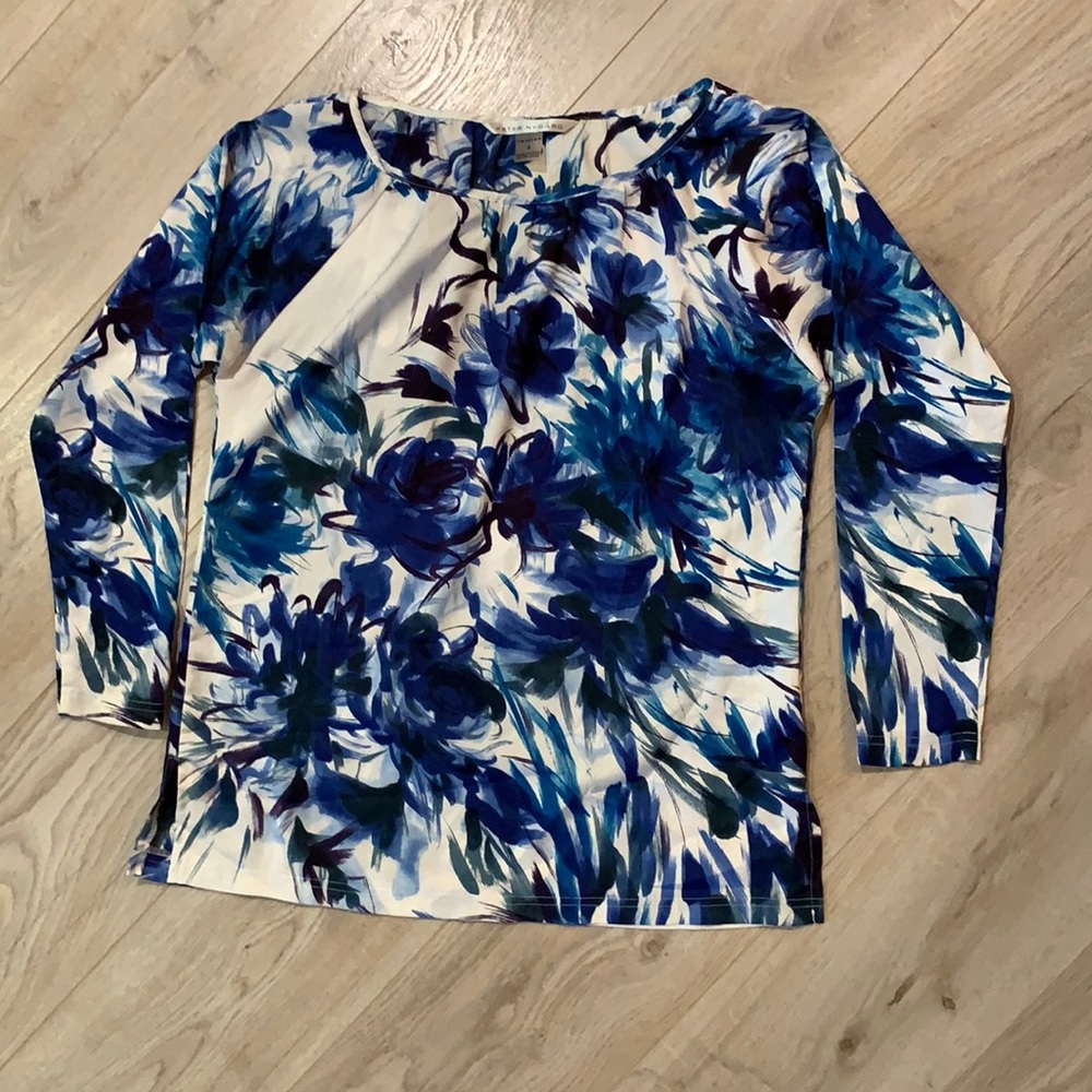 Peter Nygard Petit Blue White Floral Blouse Top Sz 8